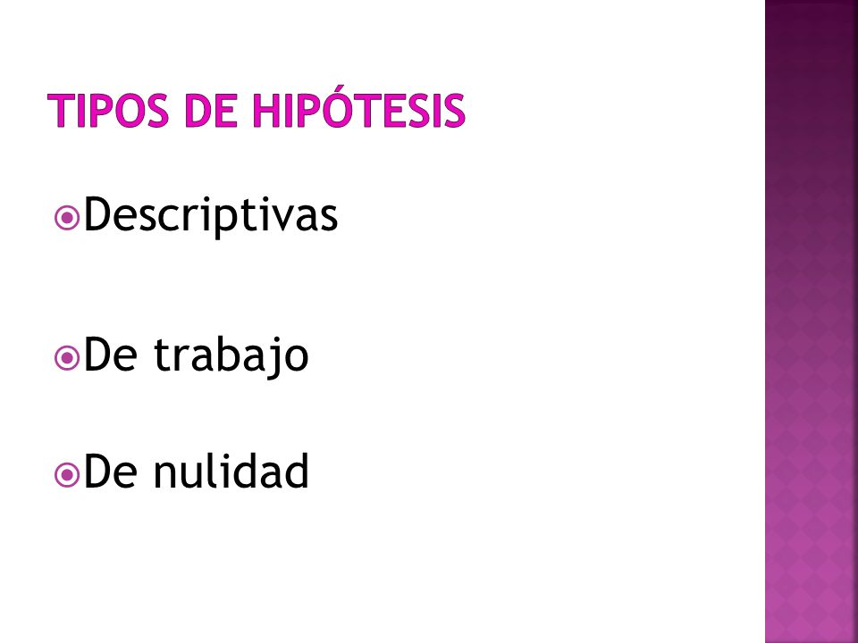 TIPOS DE HIPÓTESIS Descriptivas De trabajo De nulidad