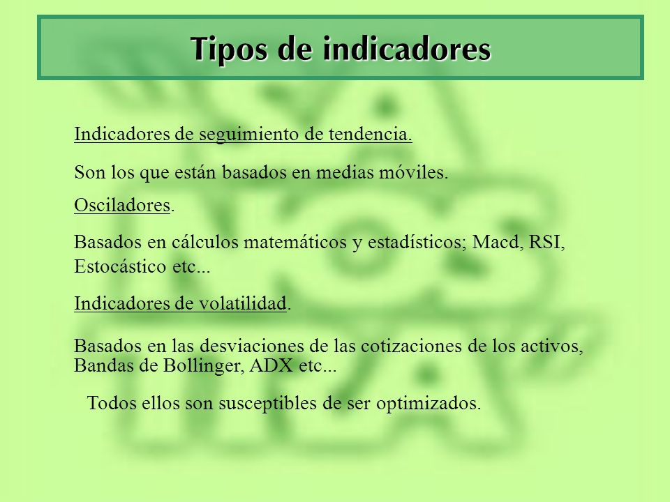 Tipos de indicadores Indicadores de seguimiento de tendencia.
