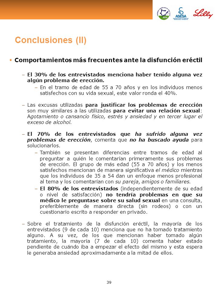 Conclusiones (II) Comportamientos más frecuentes ante la disfunción eréctil.