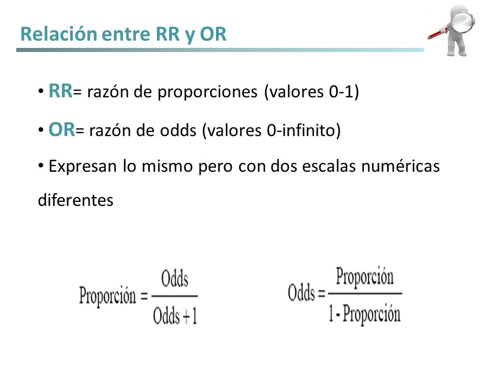 Relación entre RR y OR RR= razón de proporciones (valores 0-1)