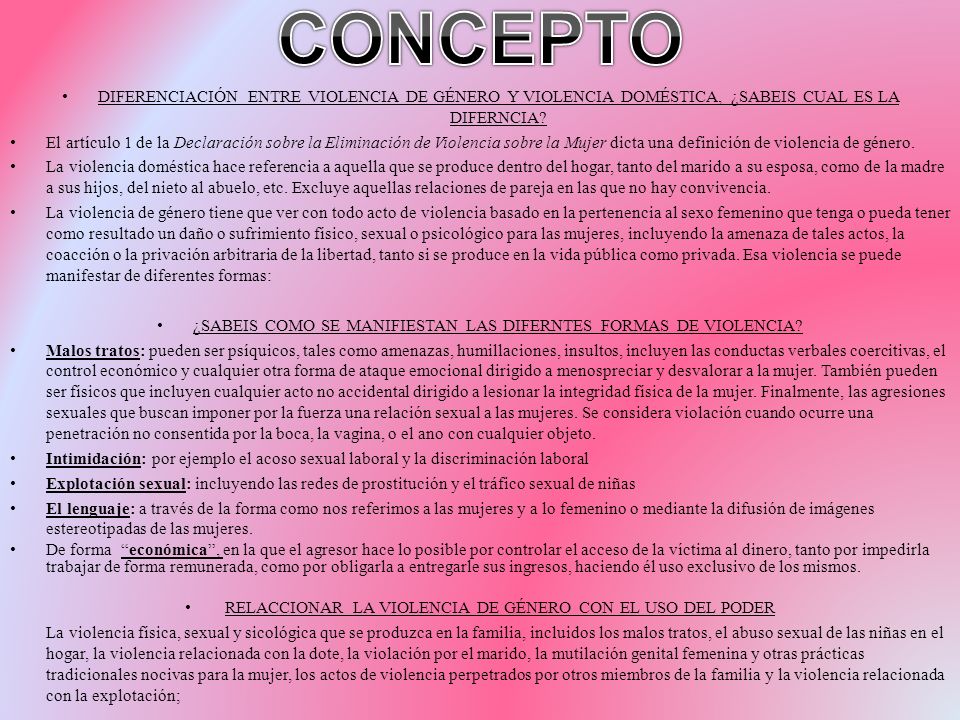 CONCEPTO DIFERENCIACIÓN ENTRE VIOLENCIA DE GÉNERO Y VIOLENCIA DOMÉSTICA, ¿SABEIS CUAL ES LA DIFERNCIA
