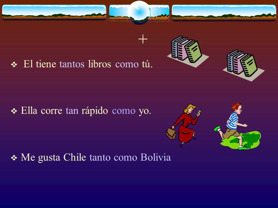 + El tiene tantos libros como tú. Ella corre tan rápido como yo.