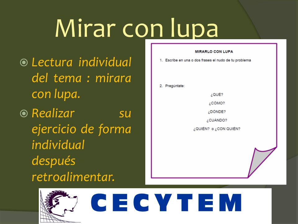 Mirar con lupa Lectura individual del tema : mirara con lupa.