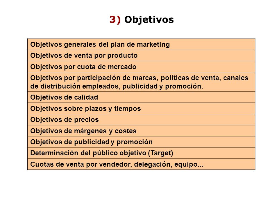 3) Objetivos Objetivos generales del plan de marketing