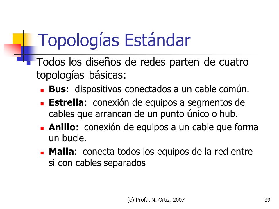 Topologías Estándar Todos los diseños de redes parten de cuatro topologías básicas: Bus: dispositivos conectados a un cable común.