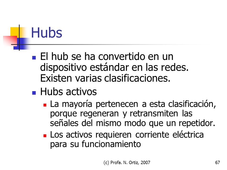 Hubs El hub se ha convertido en un dispositivo estándar en las redes. Existen varias clasificaciones.