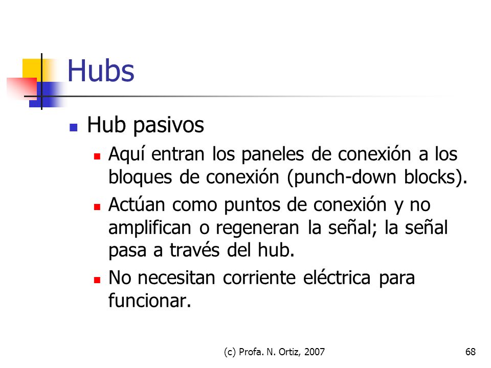 Hubs Hub pasivos. Aquí entran los paneles de conexión a los bloques de conexión (punch-down blocks).