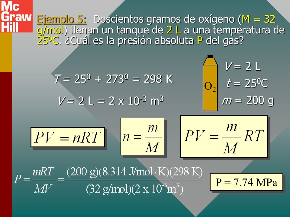 Ejemplo 5: Doscientos gramos de oxígeno (M = 32 g/mol) llenan un tanque de 2 L a una temperatura de 250C. ¿Cuál es la presión absoluta P del gas