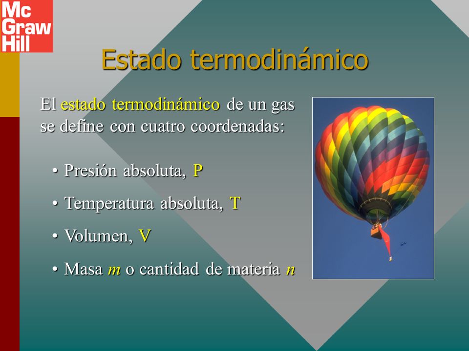 Estado termodinámico El estado termodinámico de un gas se define con cuatro coordenadas: Presión absoluta, P.