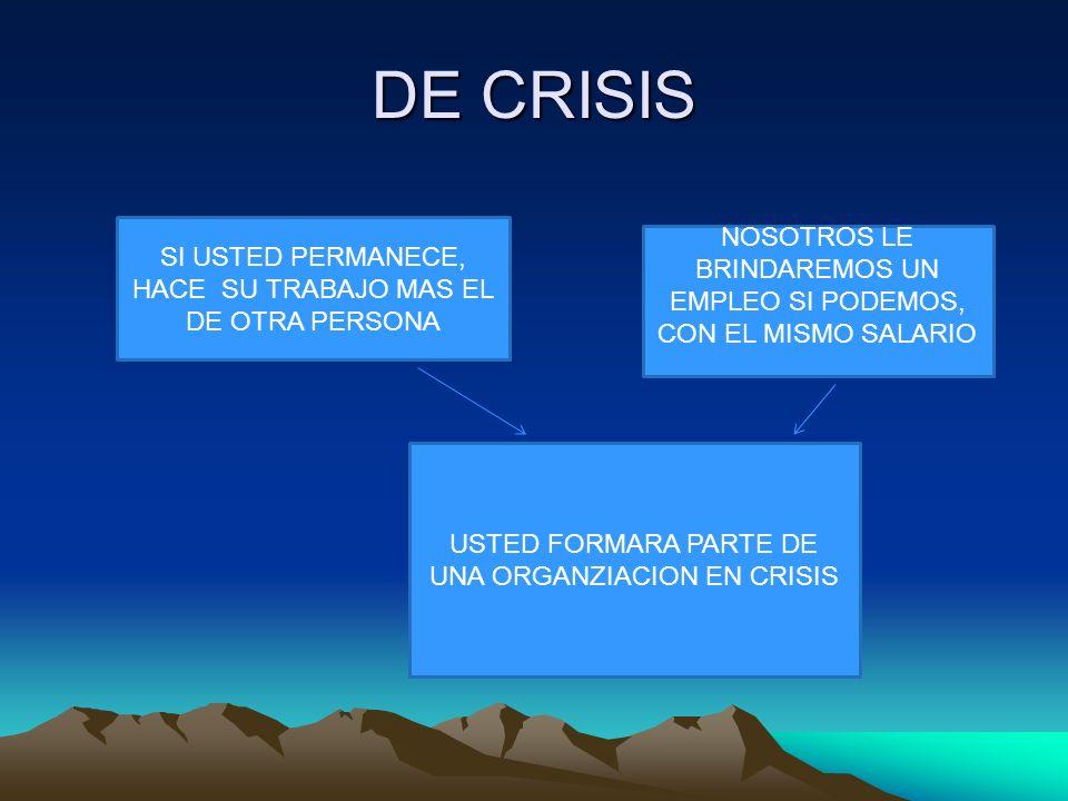 DE CRISIS SI USTED PERMANECE, HACE SU TRABAJO MAS EL DE OTRA PERSONA. NOSOTROS LE BRINDAREMOS UN EMPLEO SI PODEMOS, CON EL MISMO SALARIO.