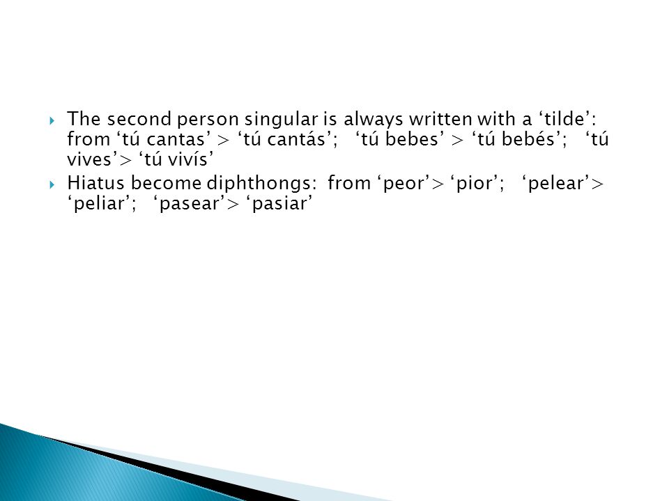 The second person singular is always written with a ‘tilde’: from ‘tú cantas’ > ‘tú cantás’; ‘tú bebes’ > ‘tú bebés’; ‘tú vives’> ‘tú vivís’