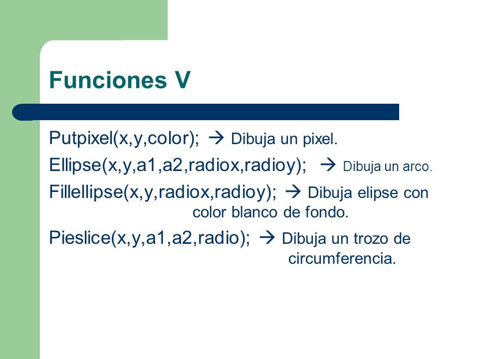 Funciones V Putpixel(x,y,color);  Dibuja un pixel.