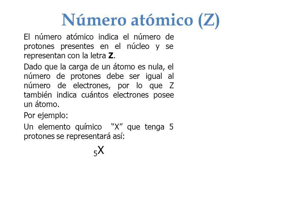 Número atómico (Z) El número atómico indica el número de protones presentes en el núcleo y se representan con la letra Z.