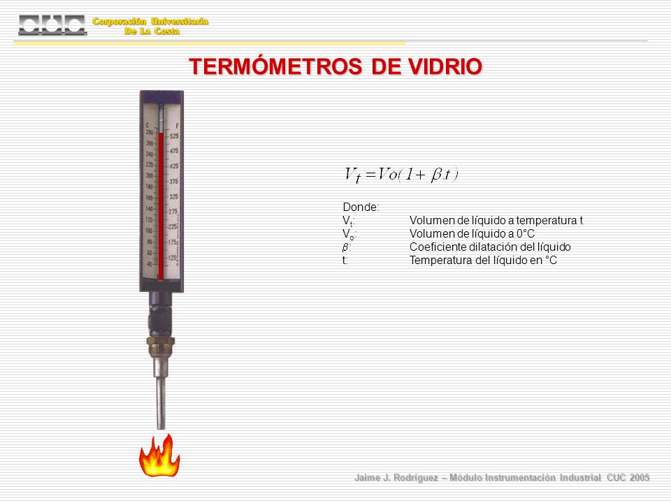 TERMÓMETROS DE VIDRIO Donde: Vt: Volumen de líquido a temperatura t