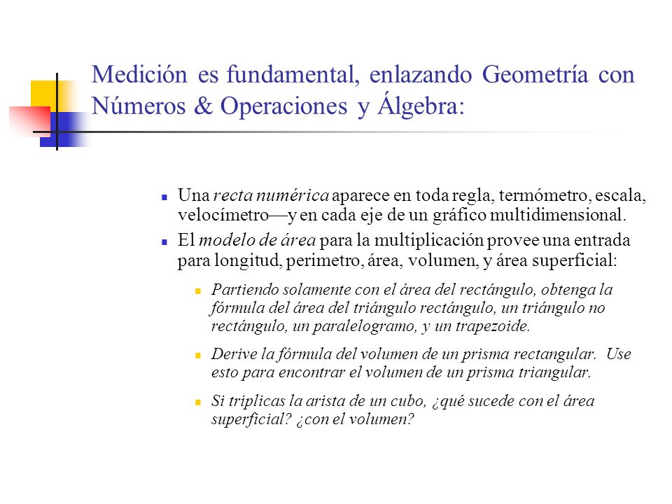 Medición es fundamental, enlazando Geometría con Números & Operaciones y Álgebra: