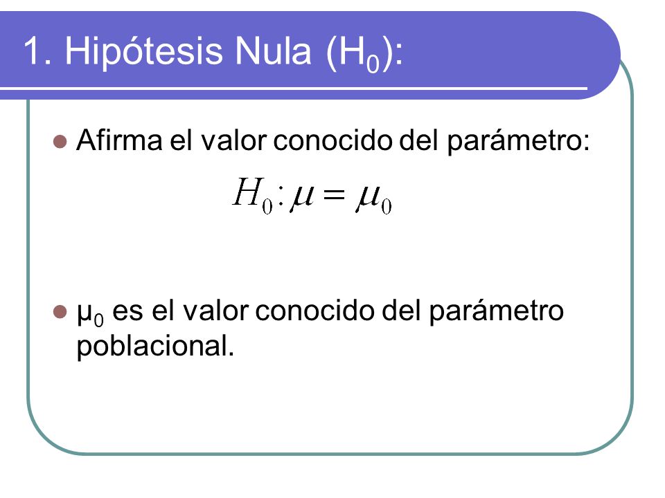 1. Hipótesis Nula (H0): Afirma el valor conocido del parámetro: