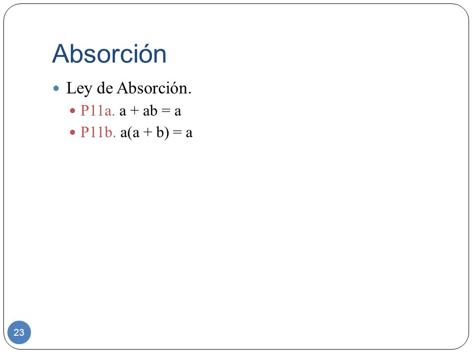 Absorción Ley de Absorción. P11a. a + ab = a P11b. a(a + b) = a