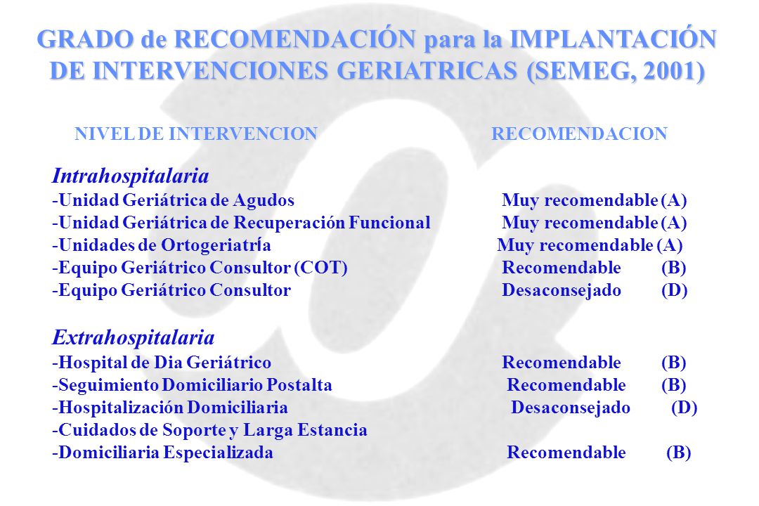 GRADO de RECOMENDACIÓN para la IMPLANTACIÓN DE INTERVENCIONES GERIATRICAS (SEMEG, 2001)