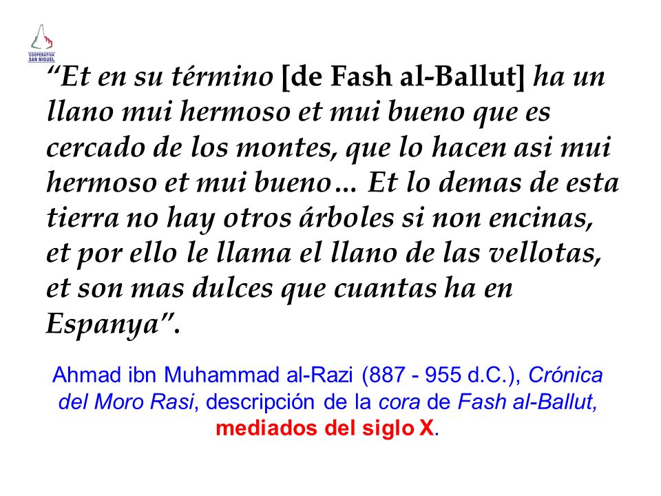 Et en su término [de Fash al-Ballut] ha un llano mui hermoso et mui bueno que es cercado de los montes, que lo hacen asi mui hermoso et mui bueno… Et lo demas de esta tierra no hay otros árboles si non encinas, et por ello le llama el llano de las vellotas, et son mas dulces que cuantas ha en Espanya .