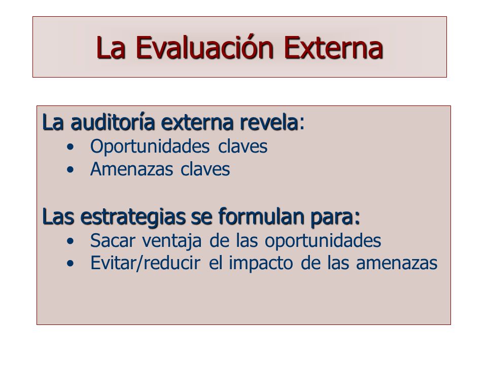 La Evaluación Externa La auditoría externa revela: