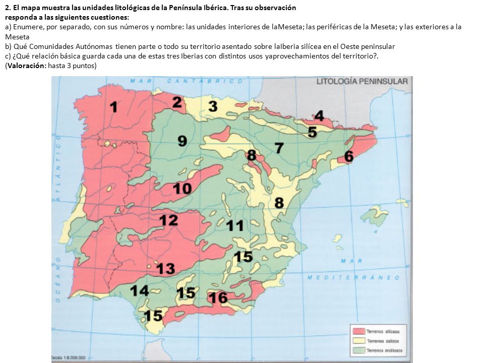 2. El mapa muestra las unidades litológicas de la Península Ibérica