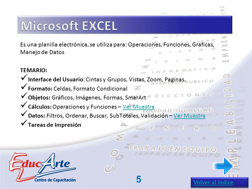 Microsoft EXCEL Es una planilla electrónica, se utiliza para: Operaciones, Funciones, Graficas, Manejo de Datos.