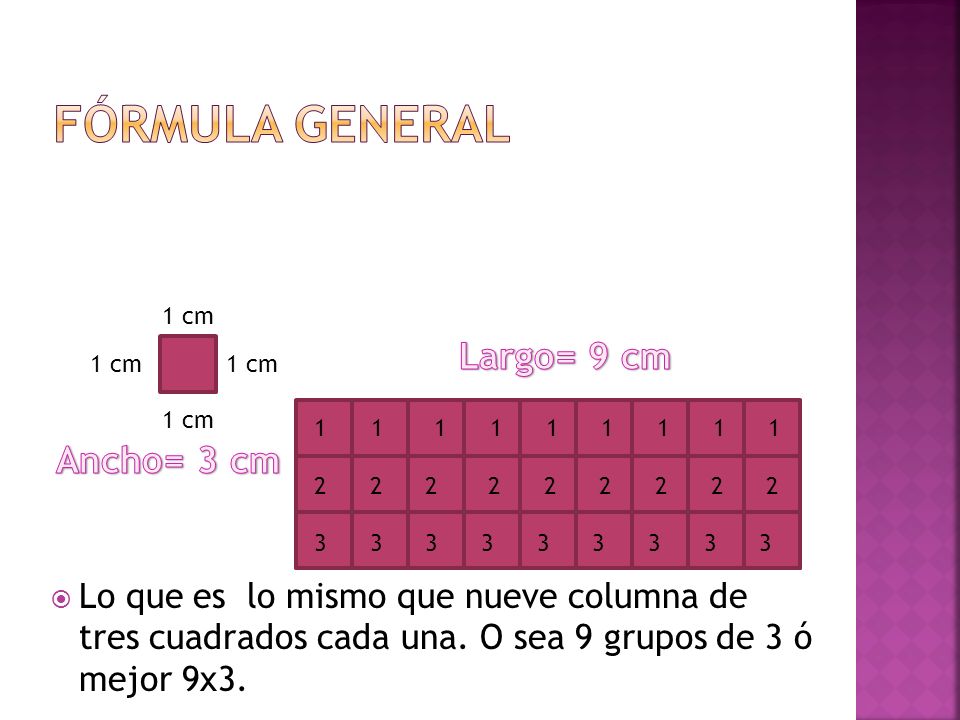 Fórmula general Largo= 9 cm Ancho= 3 cm
