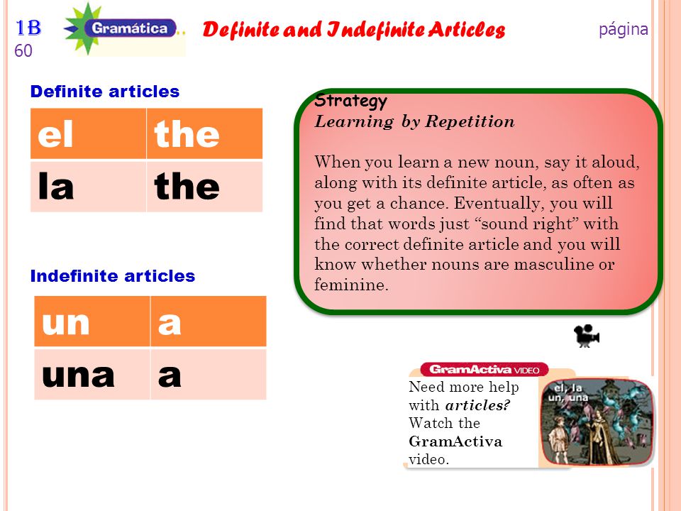 el the la un a una 1B página 60 Definite and Indefinite Articles