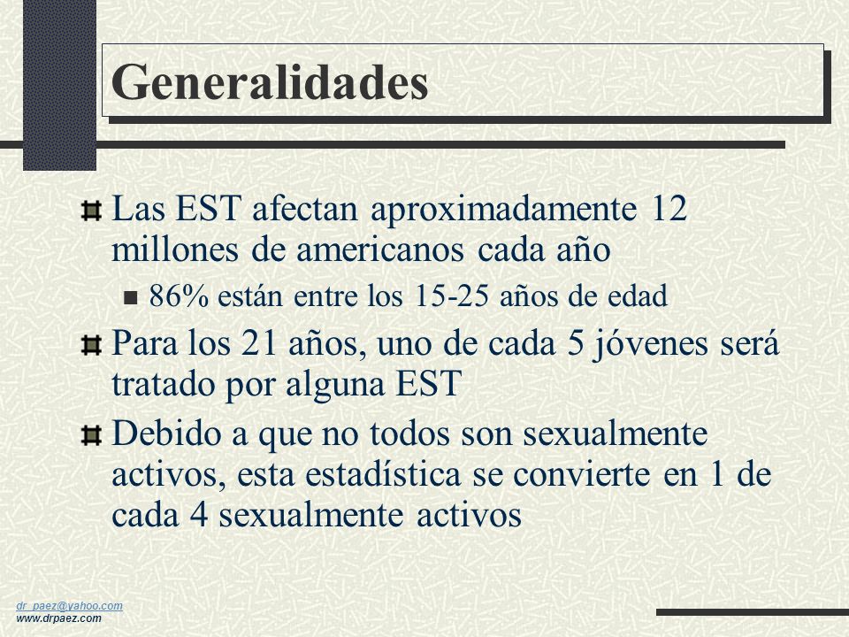 Generalidades Las EST afectan aproximadamente 12 millones de americanos cada año. 86% están entre los años de edad.