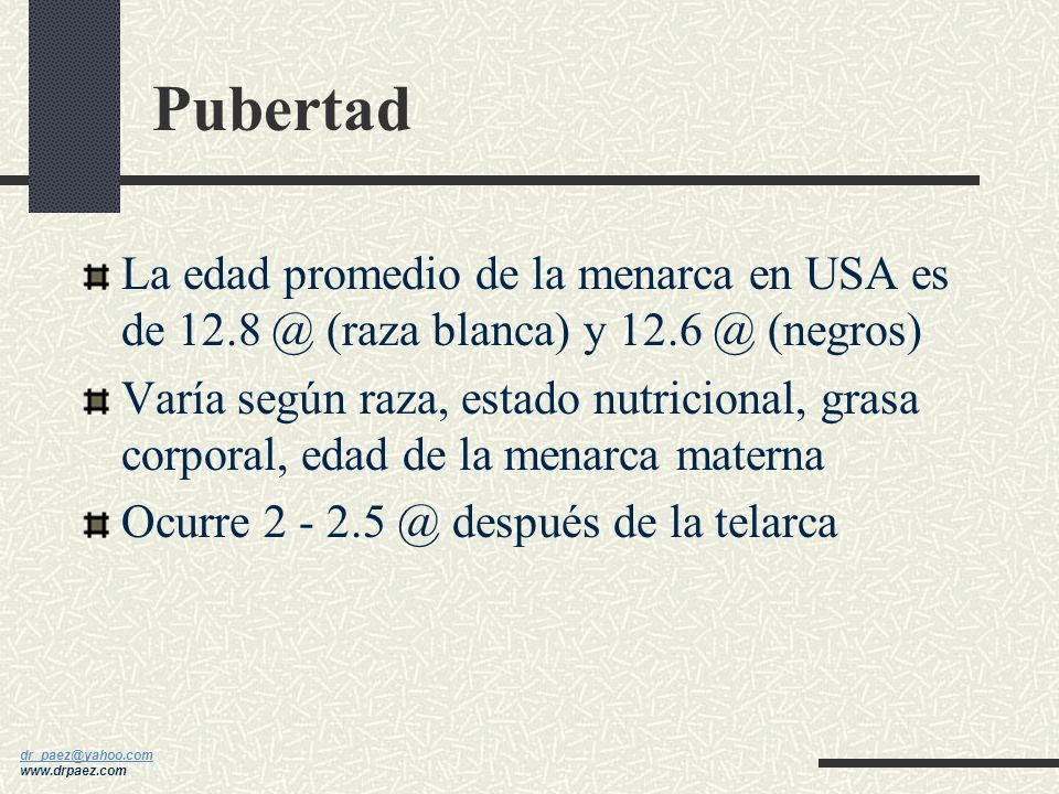 Pubertad La edad promedio de la menarca en USA es de (raza blanca) y (negros)