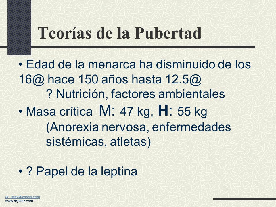 Teorías de la Pubertad Edad de la menarca ha disminuido de los hace 150 años hasta Nutrición, factores ambientales.
