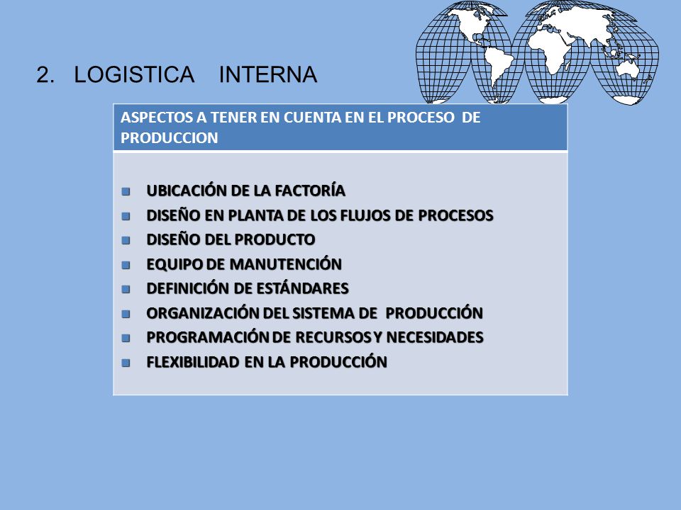 2. LOGISTICA INTERNA ASPECTOS A TENER EN CUENTA EN EL PROCESO DE PRODUCCION. UBICACIÓN DE LA FACTORÍA.