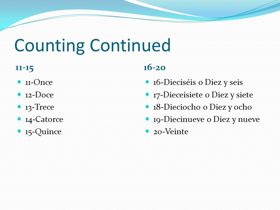 Counting Continued Once 12-Doce 13-Trece 14-Catorce