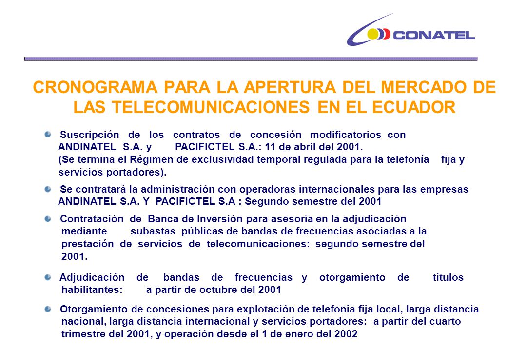 CRONOGRAMA PARA LA APERTURA DEL MERCADO DE LAS TELECOMUNICACIONES EN EL ECUADOR