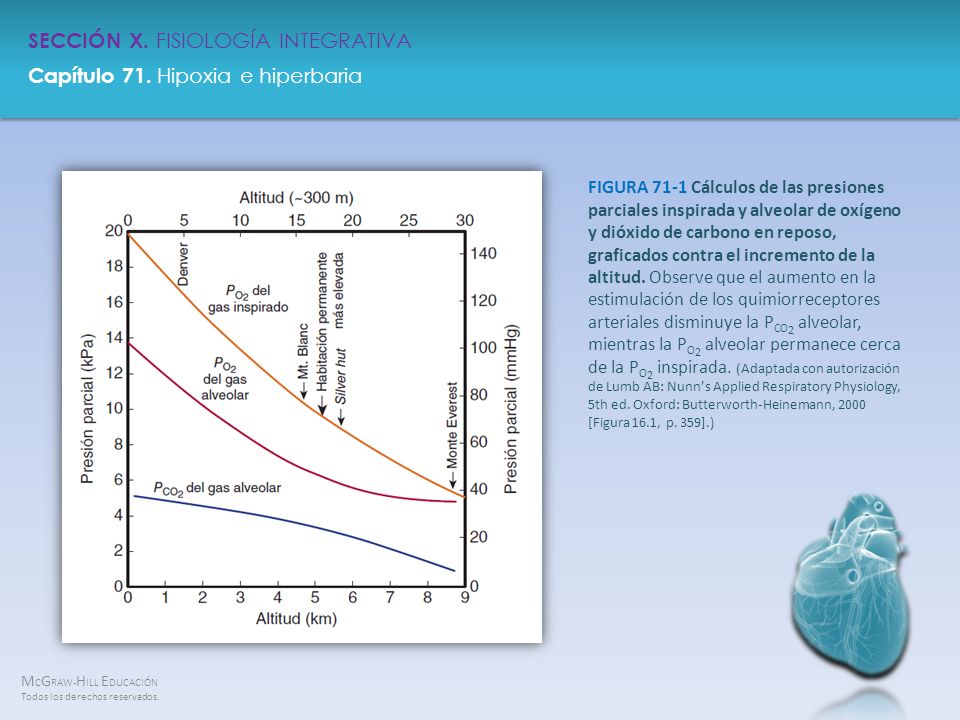FIGURA 71-1 Cálculos de las presiones parciales inspirada y alveolar de oxígeno y dióxido de carbono en reposo, graficados contra el incremento de la altitud.