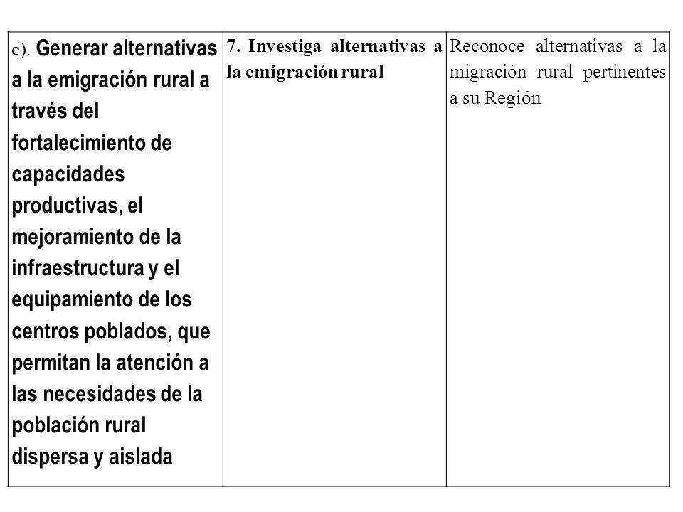 e). Generar alternativas a la emigración rural a través del fortalecimiento de capacidades productivas, el mejoramiento de la infraestructura y el equipamiento de los centros poblados, que permitan la atención a las necesidades de la población rural dispersa y aislada