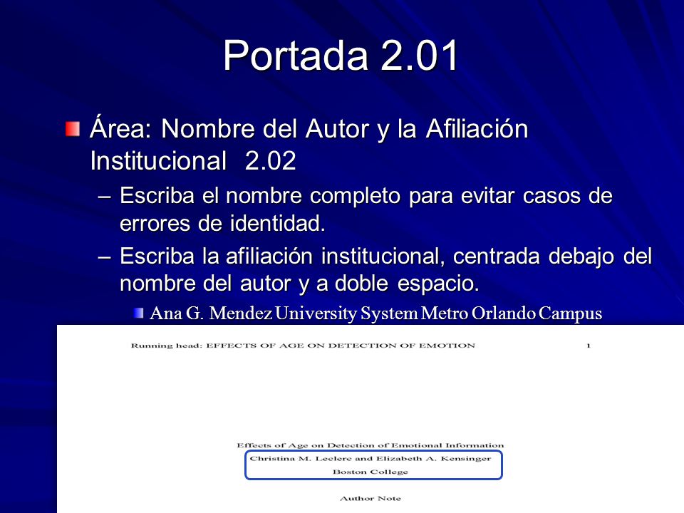 Portada 2.01 Área: Nombre del Autor y la Afiliación Institucional 2.02