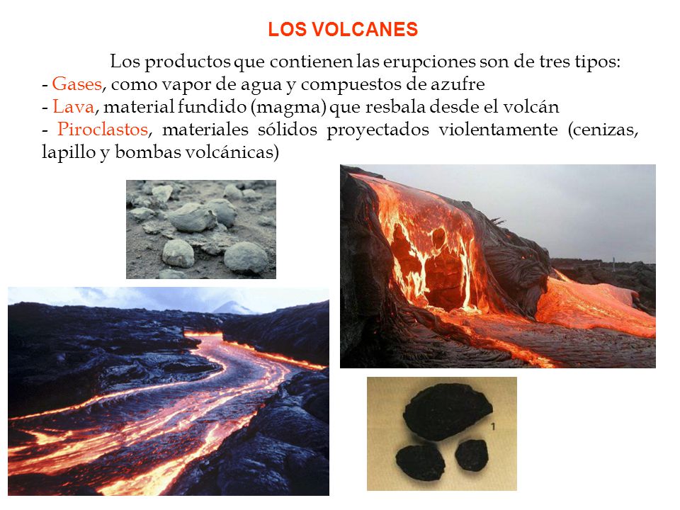 LOS VOLCANES Los productos que contienen las erupciones son de tres tipos: - Gases, como vapor de agua y compuestos de azufre.