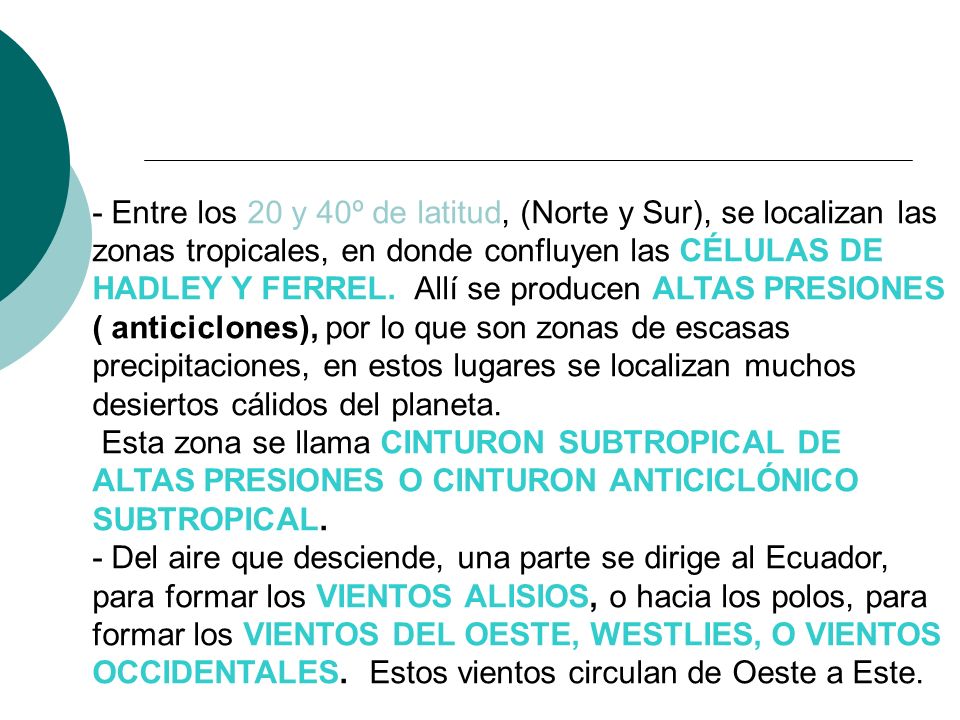 - Entre los 20 y 40º de latitud, (Norte y Sur), se localizan las zonas tropicales, en donde confluyen las CÉLULAS DE HADLEY Y FERREL. Allí se producen ALTAS PRESIONES ( anticiclones), por lo que son zonas de escasas precipitaciones, en estos lugares se localizan muchos desiertos cálidos del planeta.