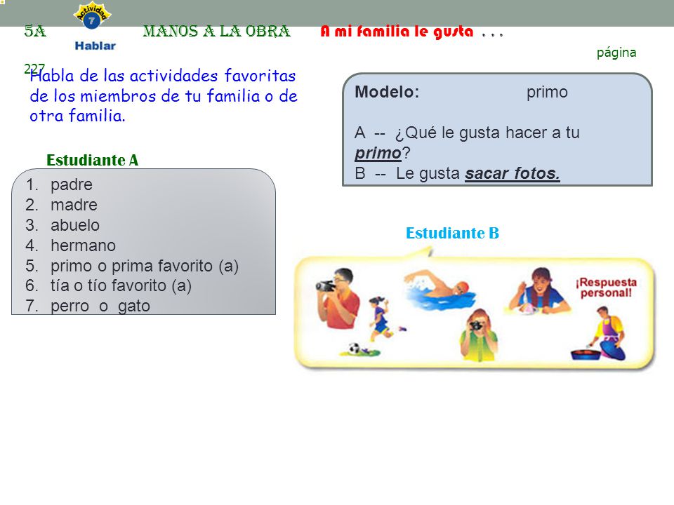 5A Manos a la obra A mi familia le gusta . . .