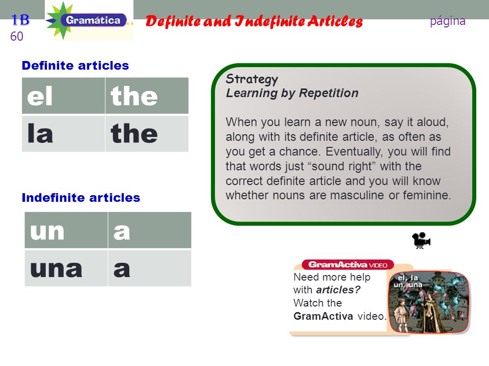 el the la un a una 1B página 60 Definite and Indefinite Articles