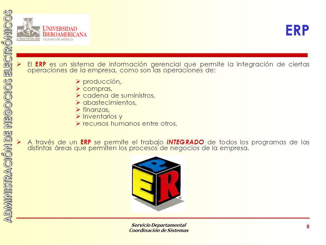 ERP El ERP es un sistema de información gerencial que permite la integración de ciertas operaciones de la empresa, como son las operaciones de: