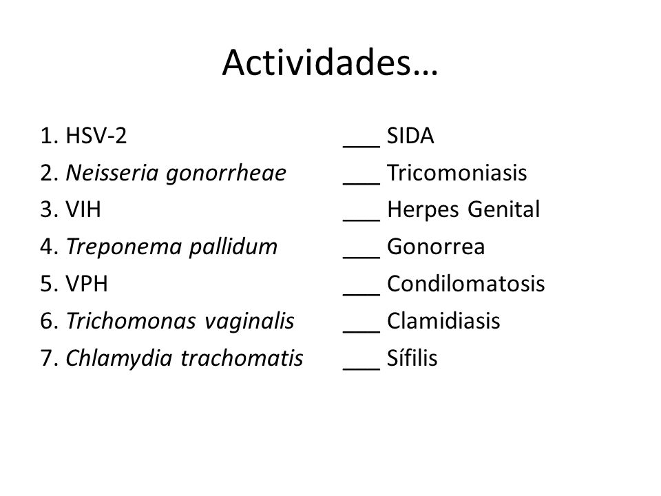 Actividades… 1. HSV-2 2. Neisseria gonorrheae 3. VIH