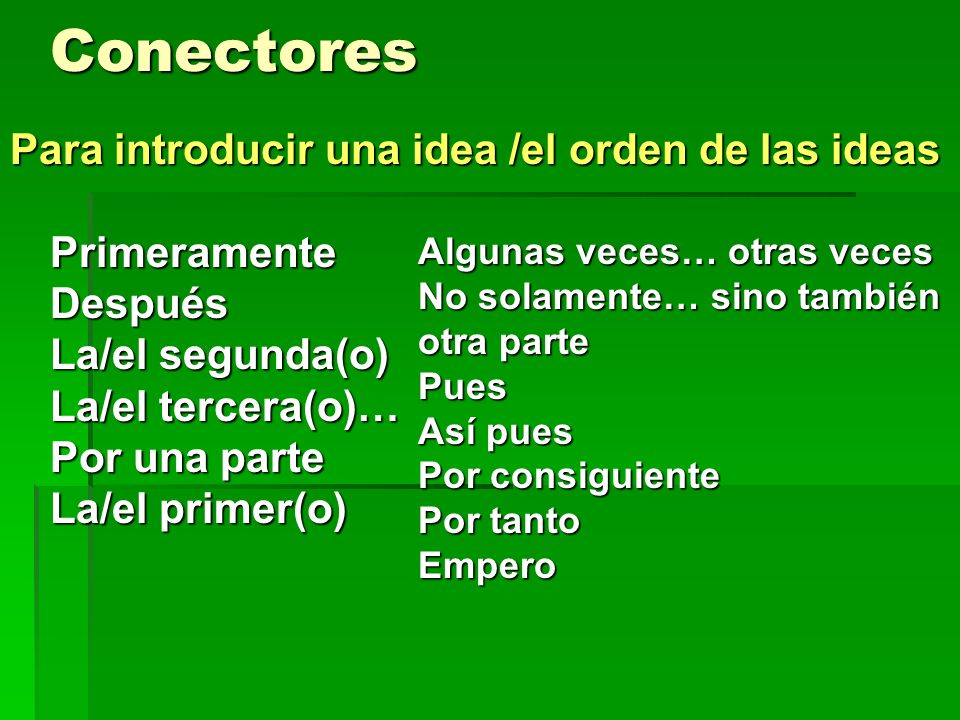 Conectores Para introducir una idea /el orden de las ideas