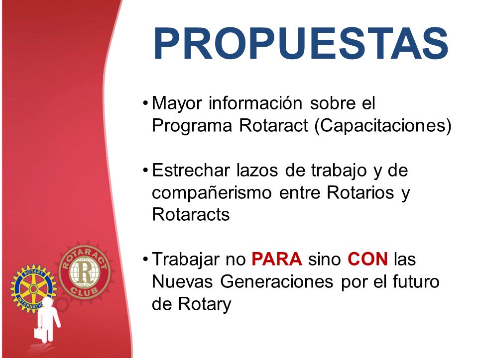 PROPUESTAS Mayor información sobre el Programa Rotaract (Capacitaciones) Estrechar lazos de trabajo y de compañerismo entre Rotarios y Rotaracts.