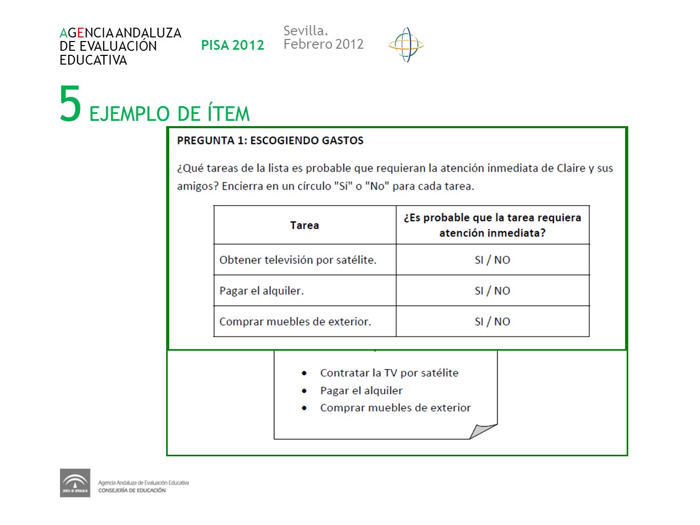 5 EJEMPLO DE ÍTEM Sevilla. AGENCIA ANDALUZA DE EVALUACIÓN PISA 2012