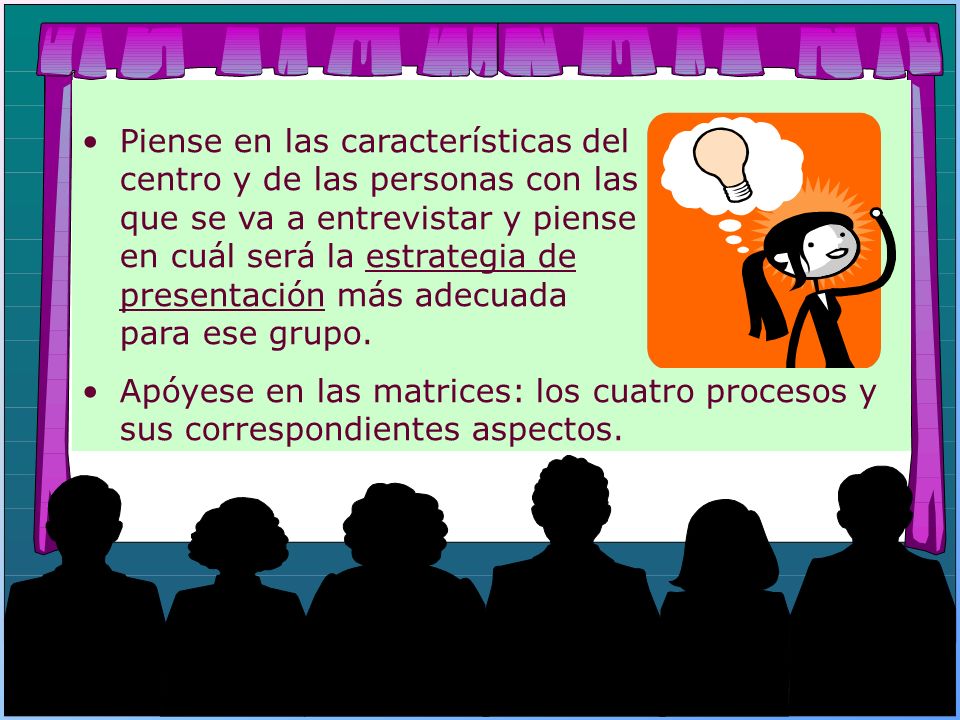 Piense en las características del centro y de las personas con las que se va a entrevistar y piense en cuál será la estrategia de presentación más adecuada para ese grupo.