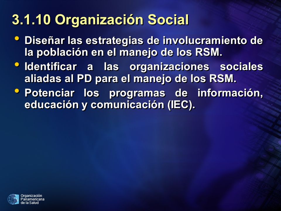 Organización Social Diseñar las estrategias de involucramiento de la población en el manejo de los RSM.