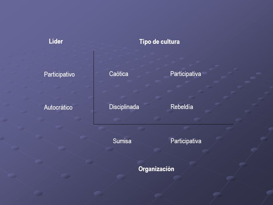 Líder Tipo de cultura. Participativo. Autocrático. Caótica Participativa.