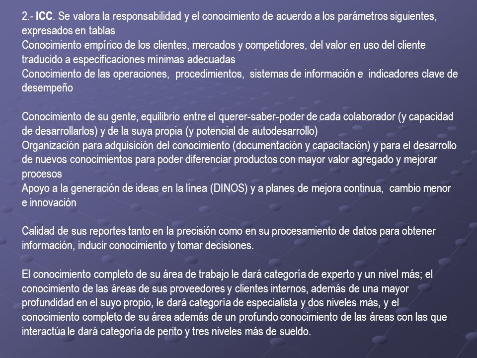 2.- ICC. Se valora la responsabilidad y el conocimiento de acuerdo a los parámetros siguientes, expresados en tablas
